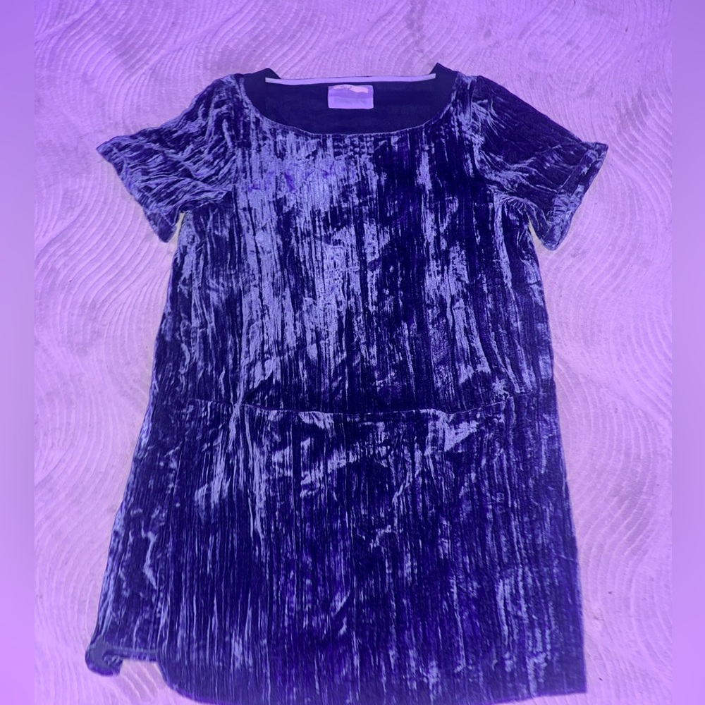 Floreat Anthropologie Blue Velvet Crinkle Short Shift Dress Wm XL Patch Pockets